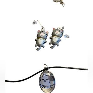 New cute grey cat necklace set